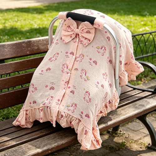 Muslin Car Seat Cover Baby, Infant Car Seat Cover with Cute Bow & Ruffle Hem Design, Multi-Use Baby Carrier Cover for Privacy Nursing, Breathable Carseat Canopy Stroller Sun Protector for Summer