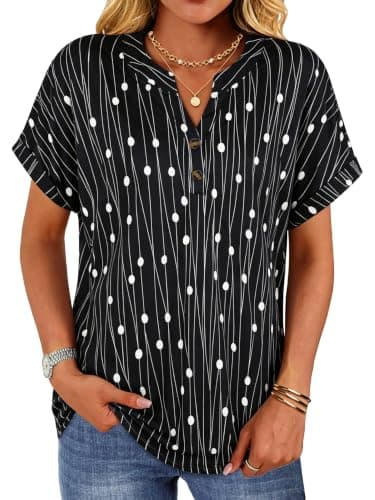rosemia Womens Short Sleeve Shirts V Neck Dressy Casual Blouses Summer Loose Fitting Henley Tops, Black Polka Dots, M