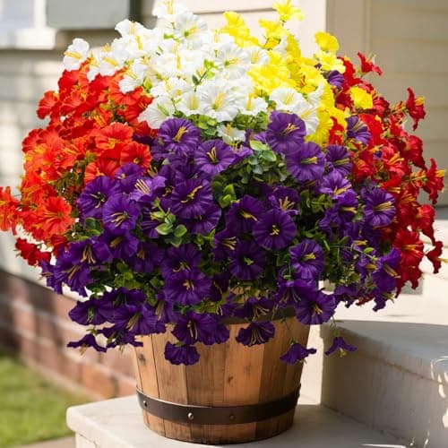 Grunyia Artificial Faux Flowers for Outdoor 16 Bundles Boxwood Fake Morning Glory for Planter,UV Resistant Fake Flowers for Home Porch Patio Outside (White,Yelow,Orange,Red,Purple)