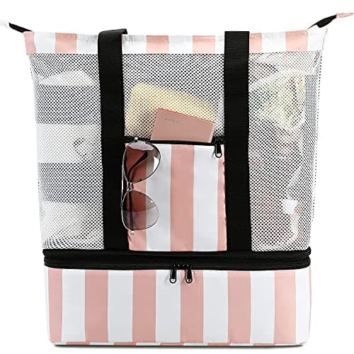 Bluboon Mesh Beach Tote Bag with Cooler Compartment Insulated Detachable Picnic Bag with Zipper and Pocket Pool Bag for Women (Pink)