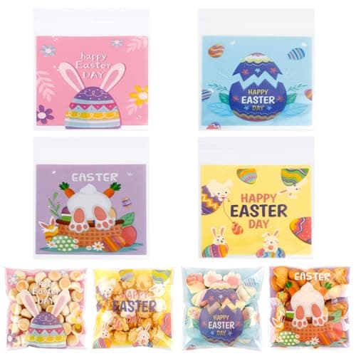 ChicQuench Easter Cellophane Treat Bags, 100 PCS Easter Candy Bags, Easters Cookie Bas with Seal, Self Adhesive Plastic Goodies Gift Snack Bag for Easters Spring Holiday Party Favors Supplies