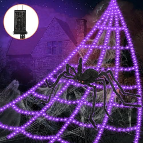 Halloween Decorations Outdoor Spider Web Lights - 16.4Ft Light Up Spider Web with 550 LEDs, Waterproof, 8 Modes Memory Function for Outdoor Yard Halloween Decorations (with Spider)