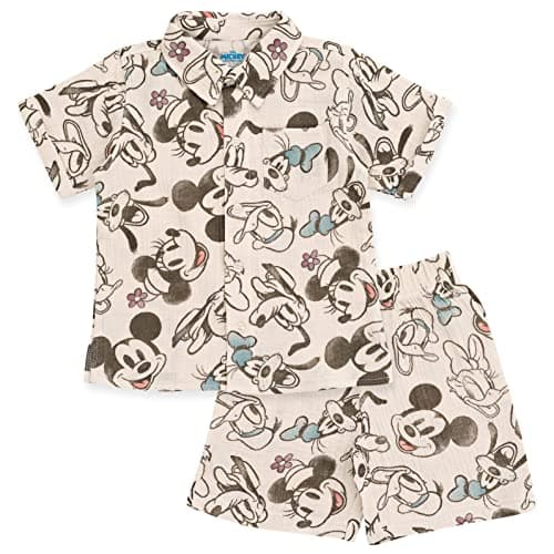 Disney Mickey Goofy Donald Duck Newborn Baby Boys Cotton Gauze Button Down Dress Shirt and Shorts Outfit Set 0-3 Months