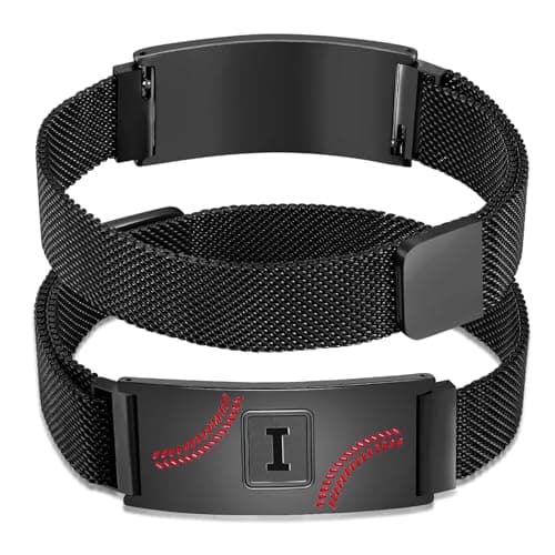 Fervia Baseball Initial Bracelet Black Stainless Steel A-Z Letter Charm Bracelets Adjustable Wristbands Baseball Gifts Idea for Men Boys Players Team Lovers (I)