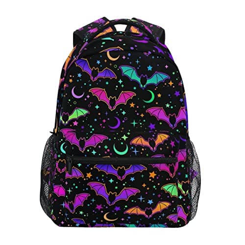 Glaphy Halloween Rainbow Bats Backpack School Bookbag Lightweight Laptop Backpack for Men Women Kids