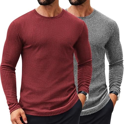 COOFANDY Men's 2 Pack T-Shirt Long Sleeve Ribbed Slim Fitted Tee Shirts Casual Crewneck Sweater