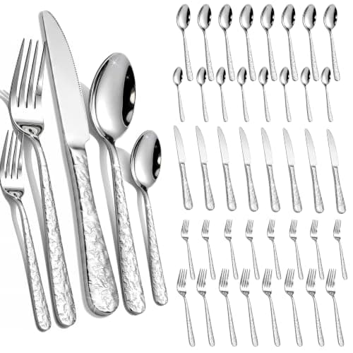 40-Piece Hammered Silverware Set for 8, Stainless Steel Flatware Set with Dinner Forks, Spoons and Knives, Dishwasher Safe Cutlery Set, Eating Utensils for Home, Wedding and Housewarming