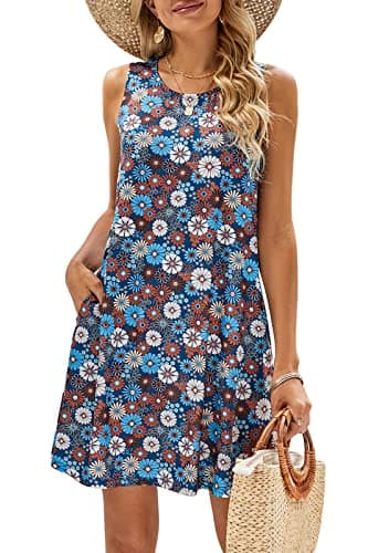 SimpleFun Tshirt Dress for Women Summer Sleevelss Sundresses Trendy Floral Flowy Boho Dresses Blue,m