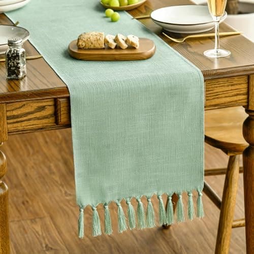 Artoid Mode Sage Green Spring Tassel Table Runner, Boho Linen Blend Rustic Farmhouse Style Kitchen Table Decoration Holiday Wedding Party Dinning Decor 13x72 Inch