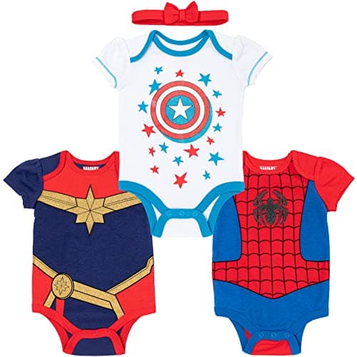 Marvel Avengers Spider-Man Captain America Captain Newborn Baby Girls Bodysuit and Headband Captain Marvel, Captain America, Spider-Girl 3-6 Months