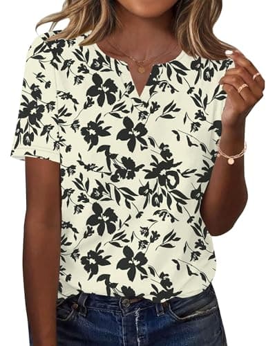 LOMON Womens V Neck T Shirts Short Sleeve Basic Tops Summer Blouses Dressy Casual Work Outfits (Apricot Black Floral, XL)