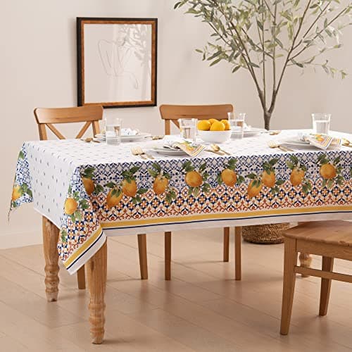 Elrene Home Fashions Capri Lemon Double-Bordered Mediterranean Spring/Summer Fabric Tablecloth, Rectangle, 60 inches X 144 inches