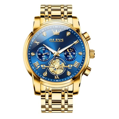 OLEVS Mens Gold Watches Dress Chronograph Watch Men Stainless Steel Diamond Multi-Function Men's Analog Watches Quartz Luxury Moon Phase Casual Blue Large Face Watch for Men Luminous Easy to Read