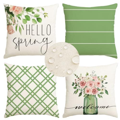 RABUSOFA Spring Pillow Covers 20x20 Inch Set of 4 Outdoor Waterproof Spring Decorations for Home,Green Farmhouse Decor Throw Decorative Pillows for Couch Patio