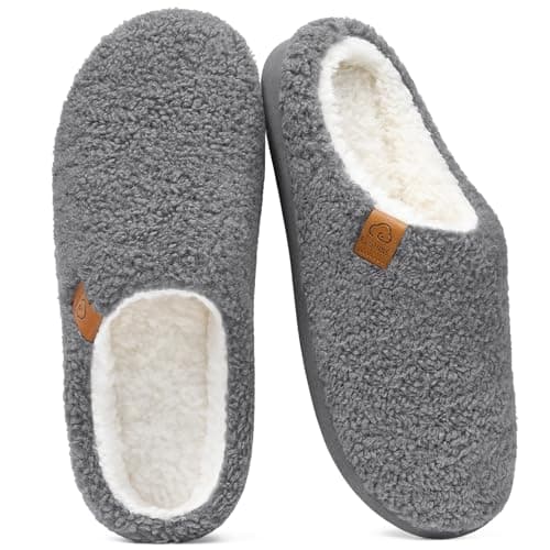 Evshine Memory Foam Fuzzy Slippers for Women Curly Fleece House Shoes Cozy Warm Indoor Slip on, Grey 39