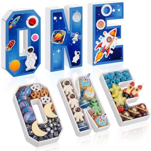 Yalikop 3 Pcs One Letter Fillable DIY Tray Food Box 10 Inch Charcuterie Board Letters Cardboard Serving Trays for Food 1st Birthday Anniversary Party Dessert Table Photo Props(Space Theme)
