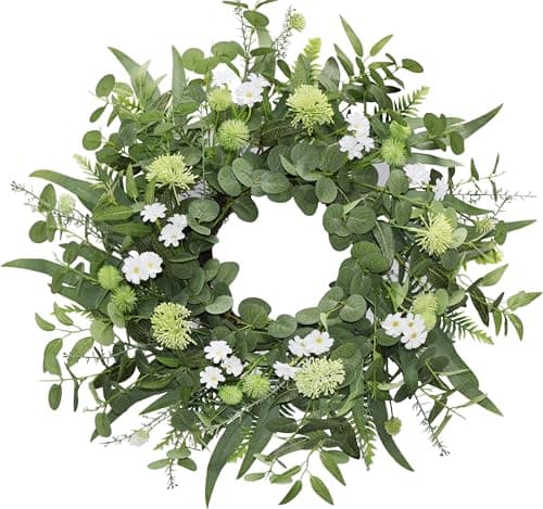 BINFEN 22"-24" Green Eucalyptus Wreaths for Front Door with White Flowers – Lifelike Spring, Summer, and Winter Wreath for Farmhouse Porch, Window, Door Decor