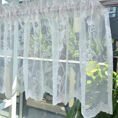 FINECITY Lace Valance for Windows, 1 Panel W52 x L18 Inch Country Rustic Leaf Floral Sheer Valance Curtain for Kitchen Window Over Sink, Rod Pocket Privacy Short Window Curtain, Ivory
