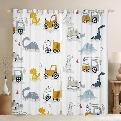 Cartoon Dinosaur Curtains for Bedroom Kids Construction Blackout Curtains Equipment Trucks Darkening Dreapes Construction Vehicles Kawaii Jungle Dino Window Treatments (2 Panels, 38 x 45 Inch)