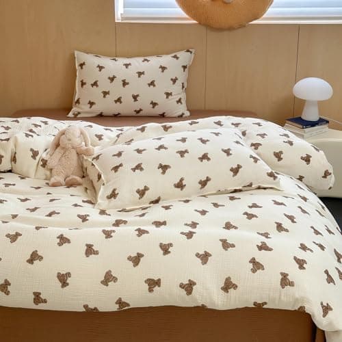 Full Duvet Cover 1 PC Muslin Cotton Ruffled Bedding 79X90'' - Bear Pattern