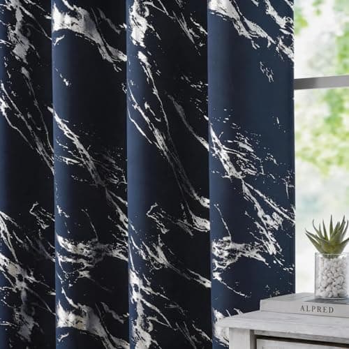 WUBODTI Navy Blue and Silver Patterned 100% Blackout Curtains 63 Inch Length 2 Panels, Metallic Marble Printed Thermal Insulated Short Curtain Modern Abstract Drapes for Kids Bedroom Bathroom Kitchen