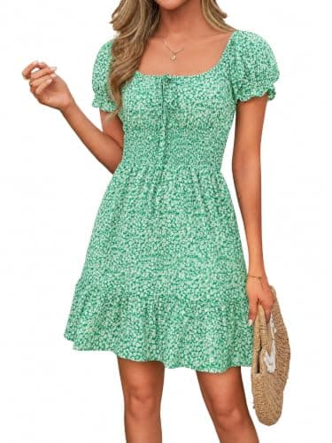 Heysolo Womens Boho Floral Mini Dress Square Neck Short Sleeve Smocked Beach Summer Dresses Green