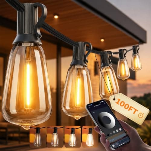 Ecoeve Outdoor String Lights, 100FT Patio Lights for Outside, Smart App & Remote Control with Timer, Dimmable with 4 Scene Modes, Warm White Waterproof LED Bulbs for Garden, Yard and Backyard Decor
