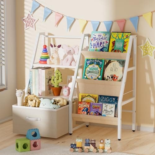 ZVMTTOY 3 Tier Kids Bookshelf and Toy Organizer with Movable Drawer,Montessori Bookcase Toy Organizer,Toddler Bookshelf for Kids Rooms, Playroom, Nursery,White,29.5" Height Safe Design