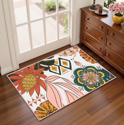 Tyrot Boho Floral 2x3 Washable Kitchen & Entryway Rug Ultra-Thin Flat Woven Low-Pile Botanical Area Rug Non Slip Indoor Door Mat for Bathroom Bedroom, Blush Pink