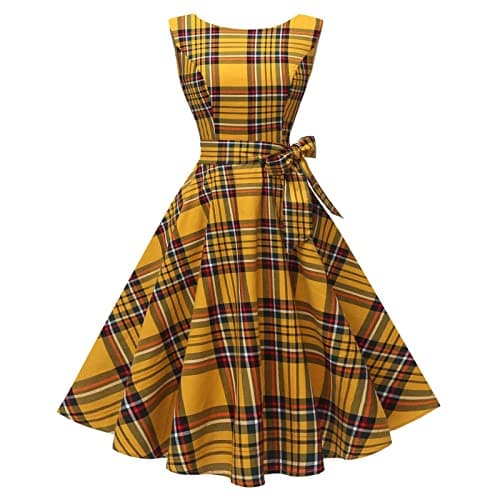 Hanpceirs Sleeveless Vintage 1950s Cocktail Dress Gold Plaid M