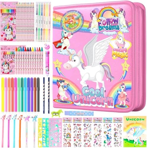 DOKKIA Fruit Scented Coloring Pens Markers Set 65 PCS Art Craft Drawing Case - Washable Kits Pencil,Gel Pen,Crayon&Coloring Book Supplies Pink Unicorn Rainbow