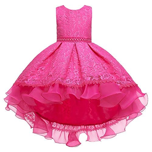 Flower Princess Girls Dress for Kids Wedding Bridesmaid First Communion Birthday Party Holiday Formal Prom Dance Evening Ball Gown Embroidery Lace Long Tutu Dresses Hot Pink 5-6 Years