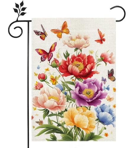 Spring Peonies Flowers Garden Flag Colorful Floral Butterfly Welcome Yard Outdoor Flag Double Sided 12x18 Inch