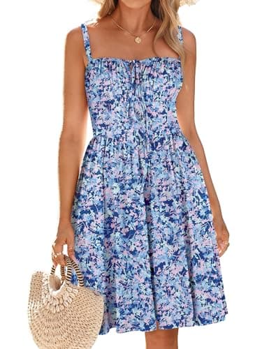YIOYOLA Womens Summer Mini Corset Casual Dresses Spaghetti Straps Lace Up Beach Sundress(YYL602-Blue Pink F 01,S)