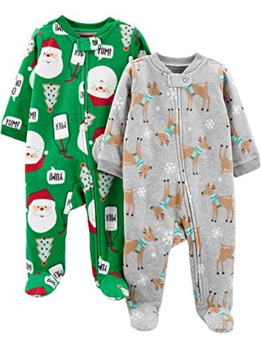 Simple Joys by Carter's Kid's 2-Pack Holiday Loose Fit Fleece Footed Pajamas Sleepwear, Heather Grey Reindeer/Green Santa, 0-3M