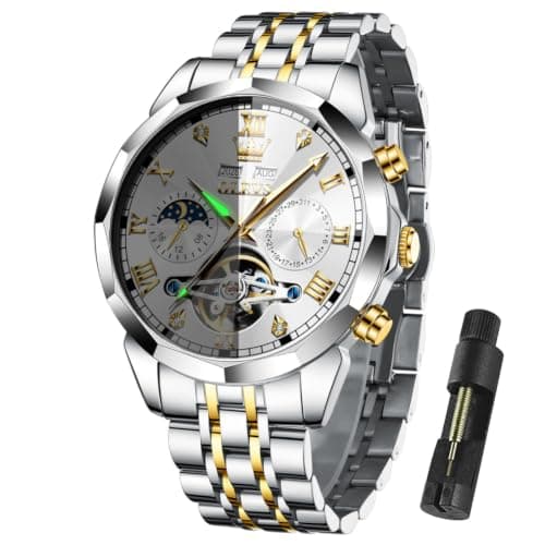 OLEVS Watch for Men Automatic Classic Mechanical Watch Diamond Mirror Stainless Steel Dress Casual Waterproof Date/Month/Year Calendar Silver