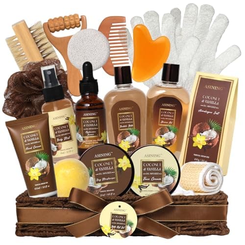 19-Piece Bath and Body Gift Basket Set for Women - Coconut Vanilla Gift, Spa Gift Basket, Face Skin Care Set, Bath Gift Set Self Care Gift for Mothers Day, Fathers Day, Birthday, Christmas, Valentines