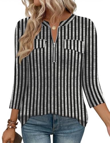 LOMON 3/4 Length Sleeve Womens Tops V Neck Zipper Elegant Dressy Casual Office Shirt Work Business Ladies Loose Fit Tunic Blouse With Zipper White Black Stripes