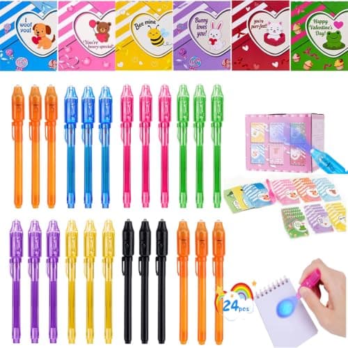 QANIY 24 Pcs Invisible Ink Marker Pens with 24 Pcs UV Light & Notebooks, Kids Spy Gear Secret Writing Set, Birthday Gifts, Back to School Supplies& Party Favors, Glow in the Dark Toys