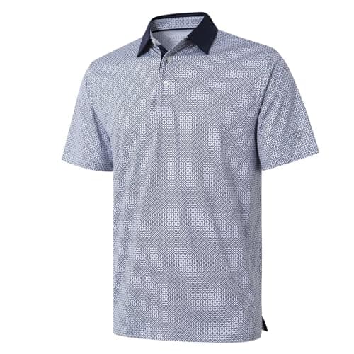 Men's Golf Shirts Dry Fit Short Sleeve Print Performance Moisture Wicking Patterned Polo Shirt for Men White Navy Interlink