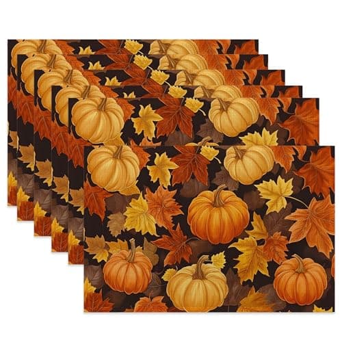 Table Placemats Set of 6,Fall Pumpkin Cloth Placemats,Thanksgiving Maple Leaf Heat-Resistant Table Mats for Kitchen Dining Room Decoration,Non-Slip Fabric Place Mats 11.8x17.7 Inch