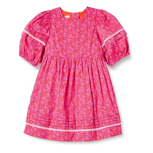 Amazon Essentials Girls' 100% Cotton Puff-Sleeve Fit & Flare Dress, Hot Pink Posey Floral, X-Small