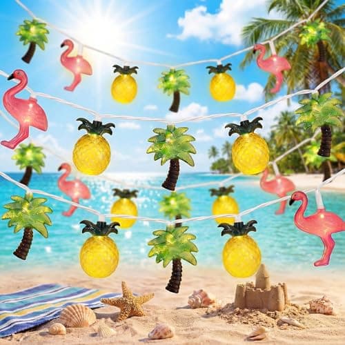 Pallerina 12FT Summer Tropical Hawaiian String Lights, 20 LED Plug in Flamingo Pineapple Palm Tree Lights for Luau Party, Pool, Tiki Bar, Beach Theme Indoor Outdoor Summer Decorations