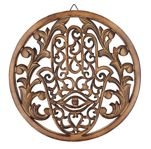 DharmaObjects Handcrafted Hamsa Hand Of Fatima Home Blessing Protection Wooden Rustic Wall Mounted Decor Hanging Art (Brown)