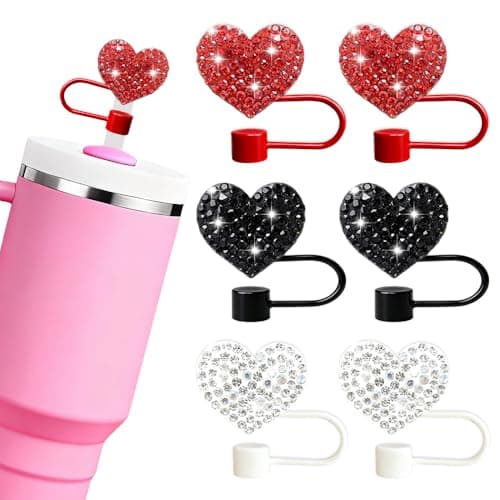 BAISDY 6pcs Bling Hearts Straw Topper for Stanley Cup, Assorted 3 Color Valentine's Day Straw Covers Cap