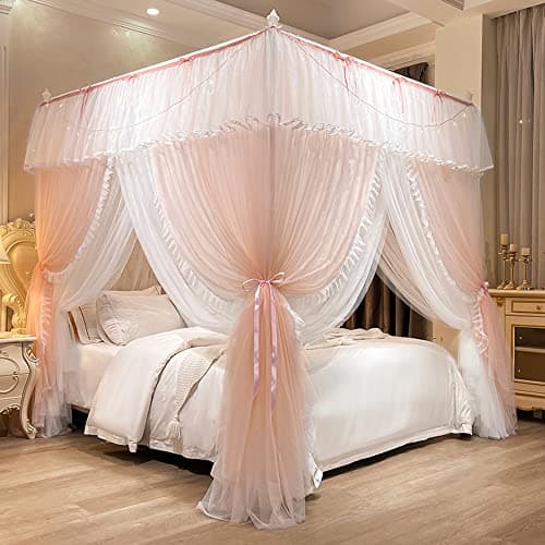 Mengersi Canopy Bed Curtains with Lights,4 Corner Bed Canopy Royal Luxurious Bed Drapes Netting,Princess Bed Curtains for Girls Adults Bedroom Decoration (Peach, Twin)