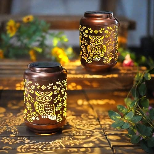 HONGLAND Solar Outdoor Lanterns Waterproof，Owl Hollow Garden Decorative Lights ，Metal Solar Powered LED Lantern Lamp for Garden Patio Yard Lawn Backyard Front Porch as Gifts for Mom Dad Women（2 Pack）