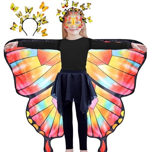 D.Q.Z Double-Sided Fairy Butterfly-Wings Costume for Girls Kids Dress-Up Halloween Costumes Mask Headband as Gifts (Sun Orange)