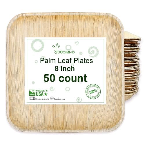 ECODESIGN-US Palm Leaf Plates 50 Count - 8" Square Disposable Heavy Duty Dinnerware - Appetizer and Dessert Plates for Weddings, Catering, Parties