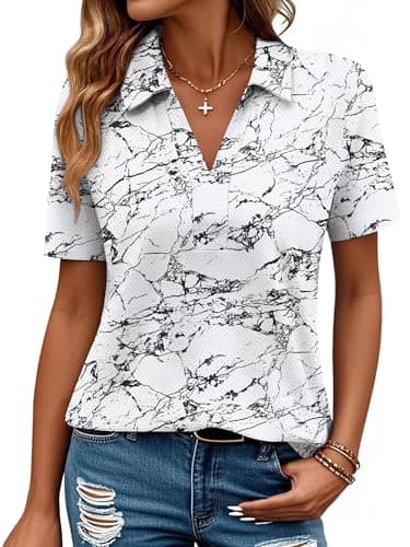 Bellcoco Black Women Polo Shirts UPF 50+ Golf Shirt V Neck Short Sleeve Shirt Sun Protection Collared Shirt for Work Quick Dry Z Black Marble XL